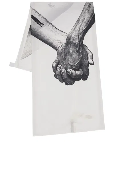 Rick Owens Square White Silk Scarf With Joined Hands Print In Milk & Black