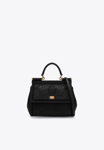 Dolce & Gabbana Medium Sicily Embroidered Top Handle Bag In Black