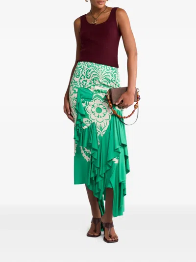 Etro Ruffled Printed Stretch-cady Midi Skirt In Green