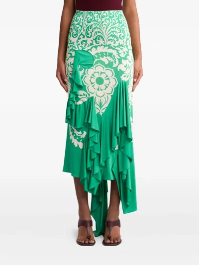 Etro Ruffled Printed Stretch-cady Midi Skirt In Green