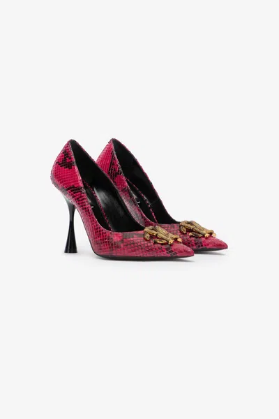 Roberto Cavalli Python Print Pumps With Monogram Mirror Snake In Fuchsia