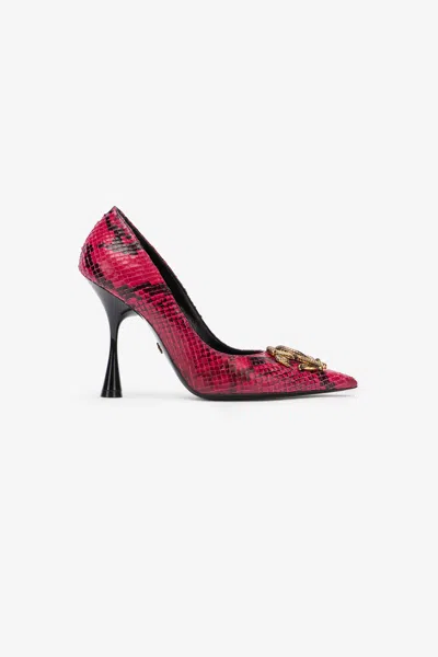 Roberto Cavalli Python Print Pumps With Monogram Mirror Snake In Fuchsia