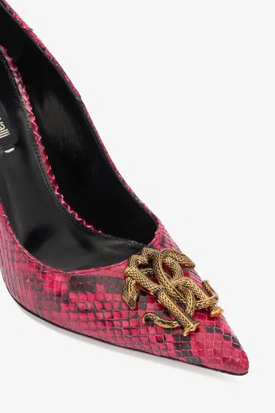 Roberto Cavalli Python Print Pumps With Monogram Mirror Snake In Fuchsia