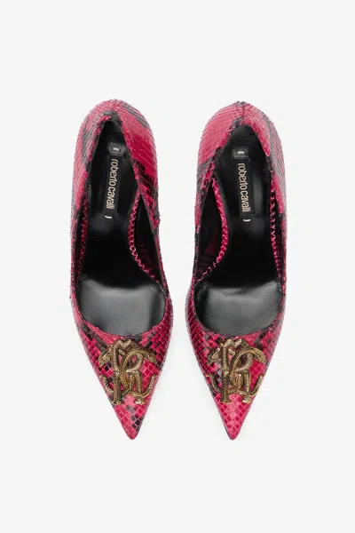 Roberto Cavalli Python Print Pumps With Monogram Mirror Snake In Fuchsia