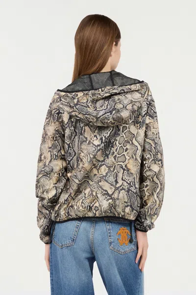Roberto Cavalli Hooded Jacket With Python Print In Corteccia