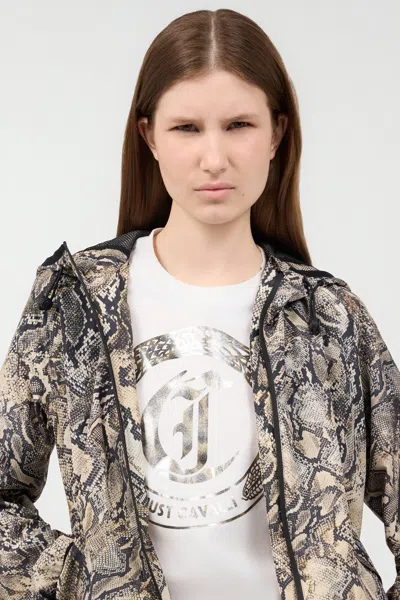 Roberto Cavalli Hooded Jacket With Python Print In Corteccia