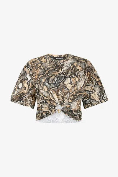 Roberto Cavalli Crop Top With Python Print In 716 Marzapan + 738 C