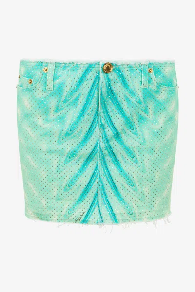 Roberto Cavalli Mini Skirt With Optical Glass Print And Micro Studs In Light Green