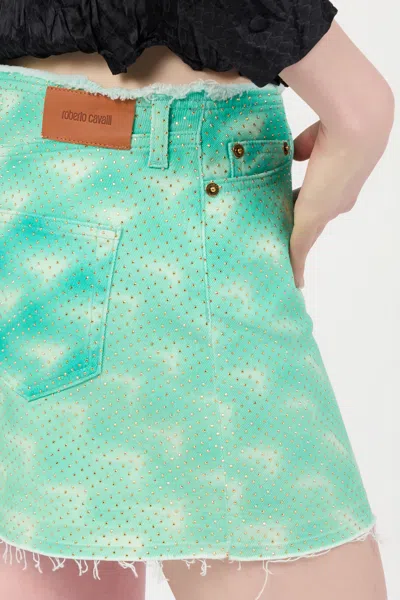 Roberto Cavalli Mini Skirt With Optical Glass Print And Micro Studs In Light Green