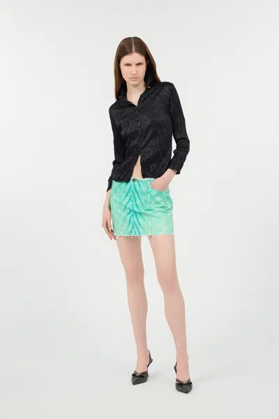 Roberto Cavalli Mini Skirt With Optical Glass Print And Micro Studs In Light Green