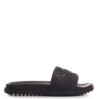 Fendi Rubber Slides With High Strap And Embossed Ff Motif Shoes In Black