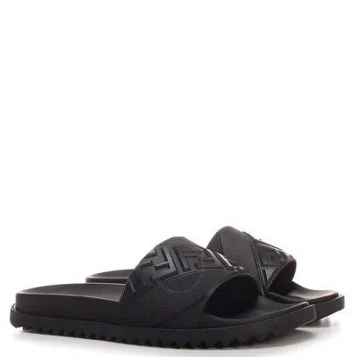 Fendi Rubber Slides With High Strap And Embossed Ff Motif Shoes In Black