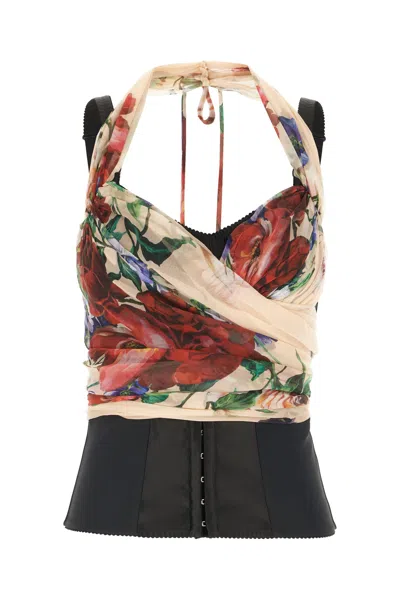 Dolce & Gabbana Flower Print Marquisette And Chiffon Bustier Top In Bouquetfioriantichifondonude