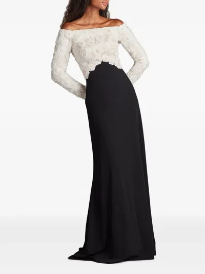 Tadashi Shoji Rhinestone Floral Off The Shoulder Mixed Media Gown In Black