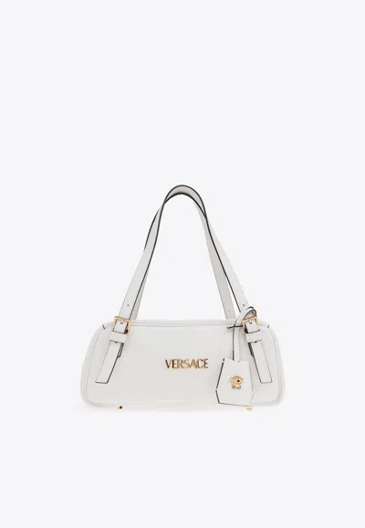 Versace Tag Zip Leather Shoulder Bag In White