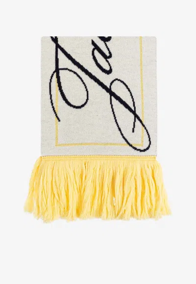 Jacquemus Logo Print Fringe Wool Scarf In White