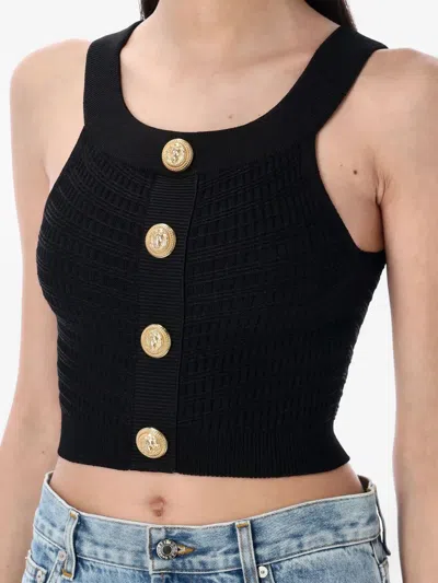 Balmain Cropped Boatneck Top Gold Buttons In Schwarz