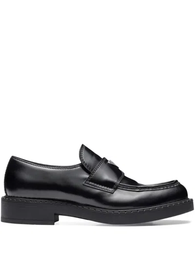 Prada Triangle Logo Chocolate Brushed Leather Loafers In Black