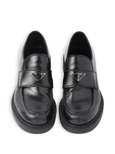 Prada Triangle Logo Chocolate Brushed Leather Loafers In Black