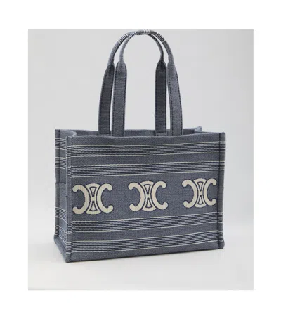Celine Cabas Thais Large Striped Tote In Gray