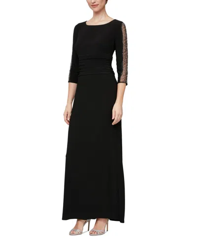 Sl Fashions Ruched Waist Embellished Sleeve Gown In Black