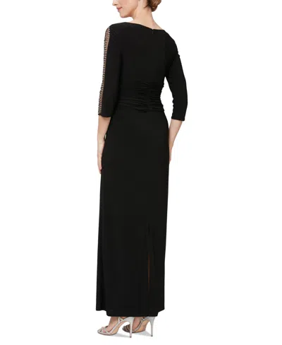 Sl Fashions Ruched Waist Embellished Sleeve Gown In Black