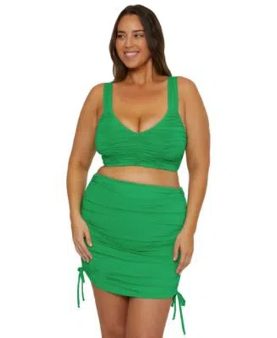 Becca Etc Plus Size Color Code Shirred Halter Bikini Top Skirted Bikini Bottoms In Emerald