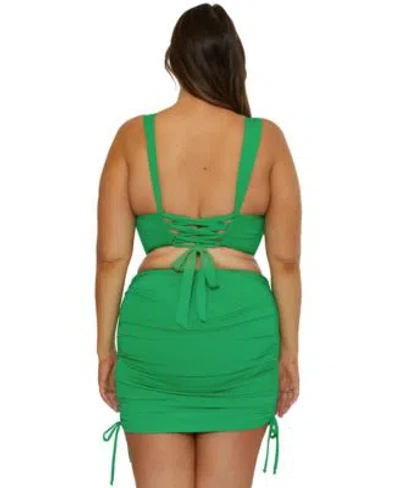 Becca Etc Plus Size Color Code Shirred Halter Bikini Top Skirted Bikini Bottoms In Emerald
