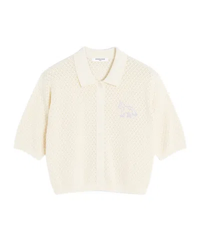 Maison Kitsuné Short-sleeved Cotton Cardigan With Open-knit Design In Rich Vanilla
