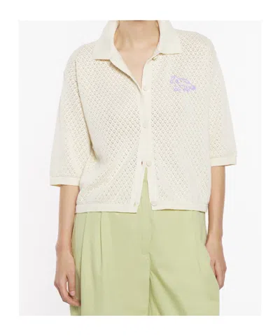 Maison Kitsuné Short-sleeved Cotton Cardigan With Open-knit Design In Rich Vanilla