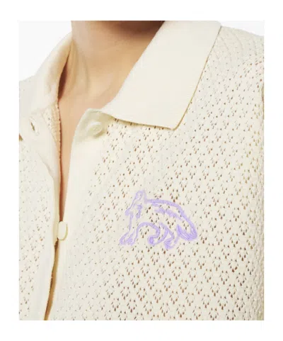 Maison Kitsuné Short-sleeved Cotton Cardigan With Open-knit Design In Rich Vanilla