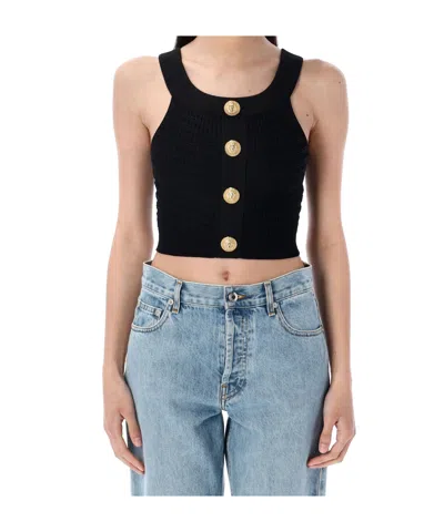 Balmain Cropped Boatneck Top Gold Buttons In Blue