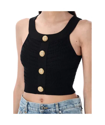 Balmain Cropped Boatneck Top Gold Buttons In Blue