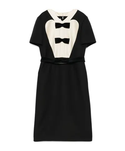 Valentino Bow-detailed Velvet And Ribbed Satin-trimmed Wool And Silk-blend Mini Dress In Black