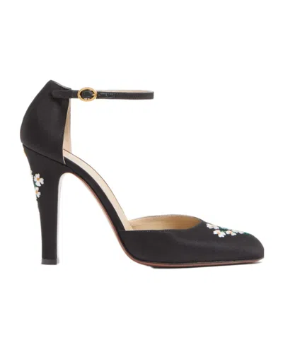 Valentino Floral Embroidered Round Toe Ankle Strap Pumps In Black