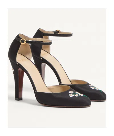 Valentino Floral Embroidered Round Toe Ankle Strap Pumps In Black