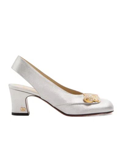 Valentino Garavani Block Heel Embellished Slingback Square Toe Pumps In White