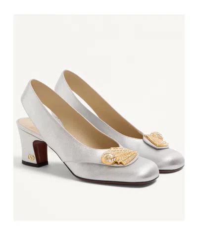 Valentino Garavani Block Heel Embellished Slingback Square Toe Pumps In White