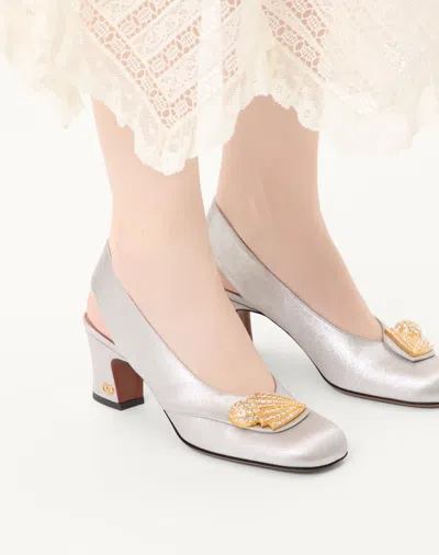 Valentino Garavani Block Heel Embellished Slingback Square Toe Pumps In White