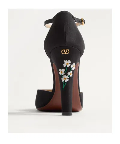 Valentino Floral Embroidered Round Toe Ankle Strap Pumps In Black
