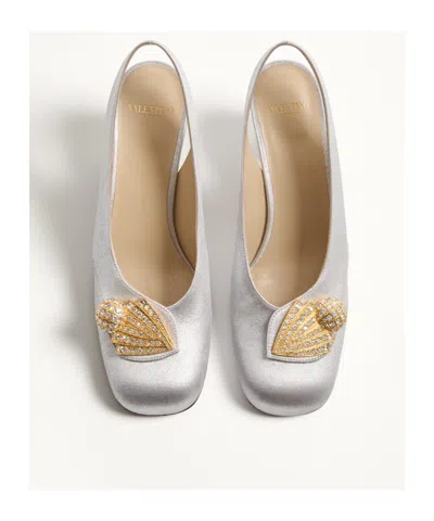 Valentino Garavani Block Heel Embellished Slingback Square Toe Pumps In White