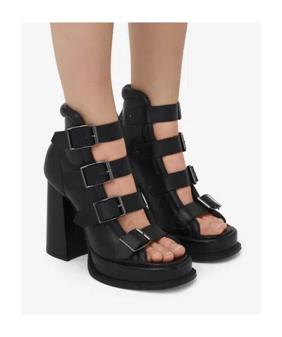 Alexander Mcqueen Caged 120 Leather Platform Sandals In Black