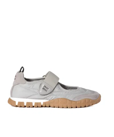 Miu Miu Tyre Technical Fabric And Suede Ballerinas In Cloud Gray