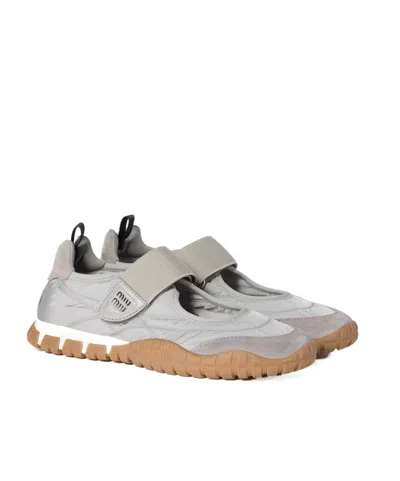 Miu Miu Tyre Technical Fabric And Suede Ballerinas In Cloud Gray