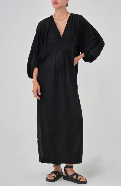 Ocean + Main Ocean+main Rouched Shoulder Maxi Cotton Caftan In Black