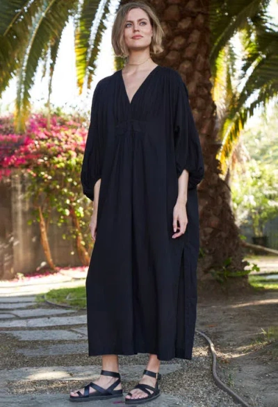 Ocean + Main Ocean+main Rouched Shoulder Maxi Cotton Caftan In Black