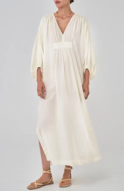 Ocean + Main Ocean+main Rouched Shoulder Maxi Cotton Caftan In White