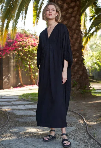 Ocean + Main Ocean+main Rouched Shoulder Maxi Cotton Caftan In Black