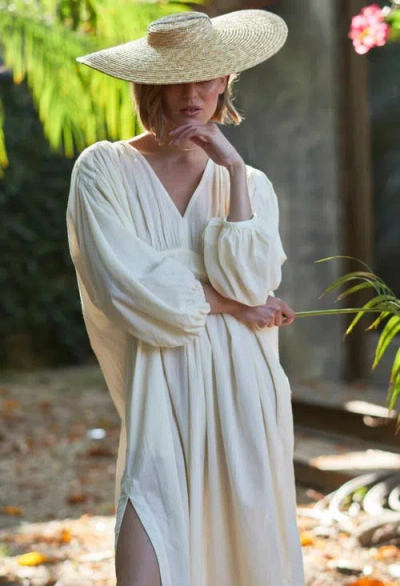 Ocean + Main Ocean+main Rouched Shoulder Maxi Cotton Caftan In White