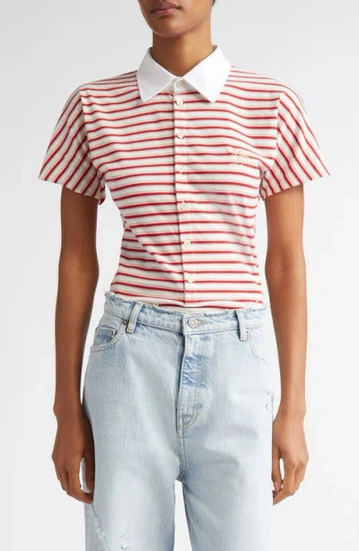 Golden Goose Natalia Slim Fit Striped Cotton Polo Shirt In Papyrus/haute Red